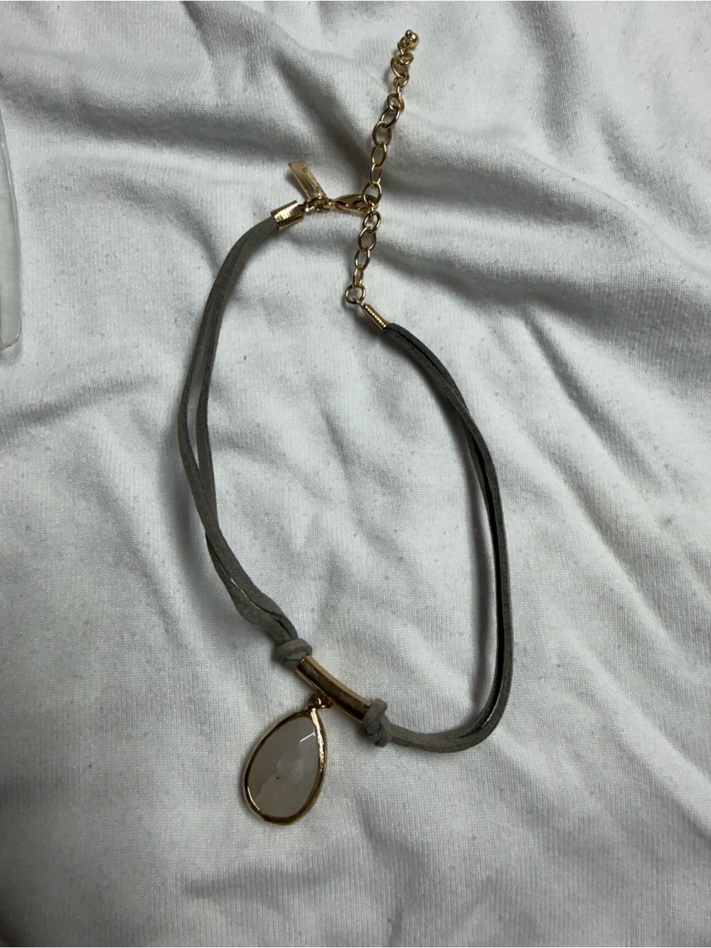 Gold Teardrop Pendant Necklace with Gray Suede Cord